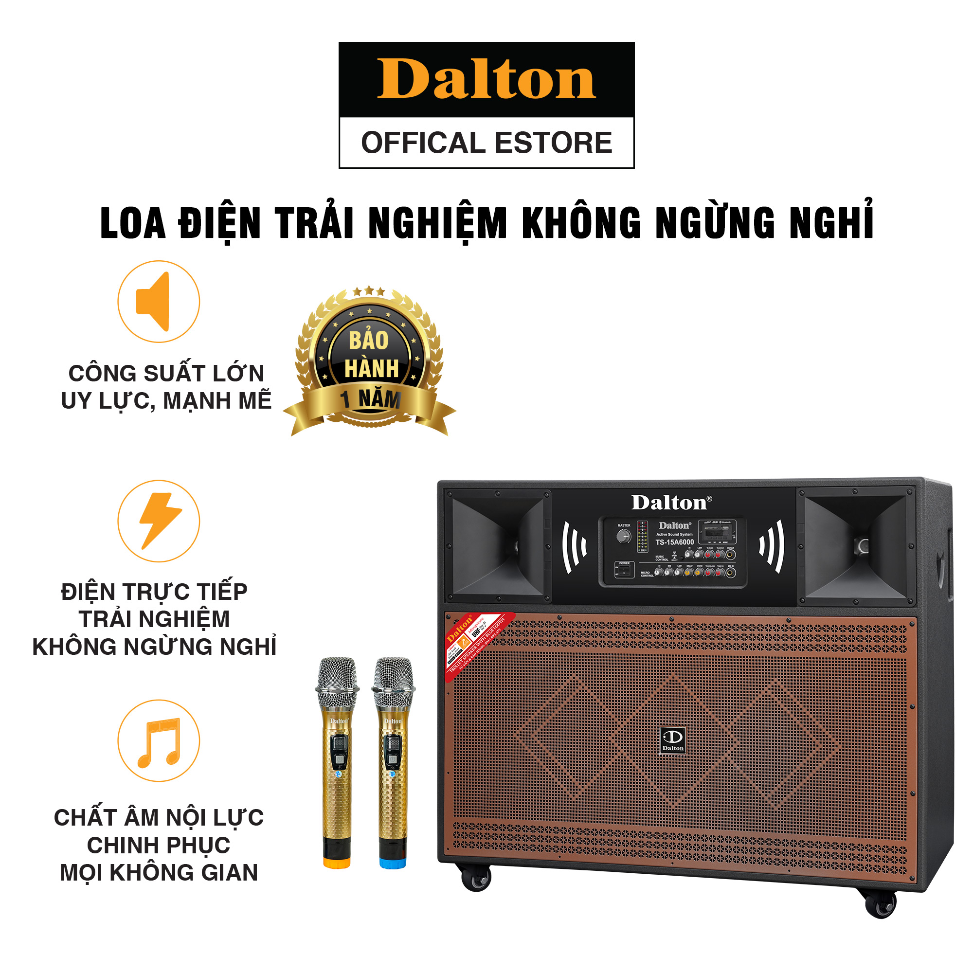 Loa karaoke công suất lớn 2200W TS-15A6000, hàng chính hãng Dalton Loa bass: 15 inch x 2 (2 loa 4 tấc), Loa treb: 1.5 inch x 2 (2 loa treb còi 5 inch- Bảo hành 12 tháng)