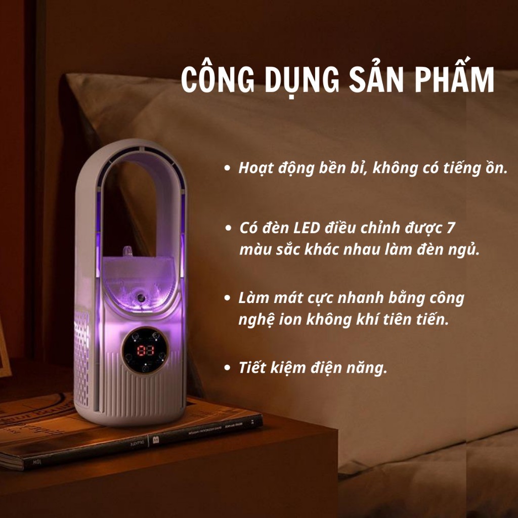 Quạt Điều Hoà Mini Để Bàn Quạt Không Cánh Phun Sương Điều Hoà Không Khí 6 Cấp Độ Quạt Tích Hợp Đèn Led Với 7 Màu Sắc Ánh Sáng Hiển Thị Nhiệt Độ Bình Chứa 500ml - Hàng Nhập Khẩu