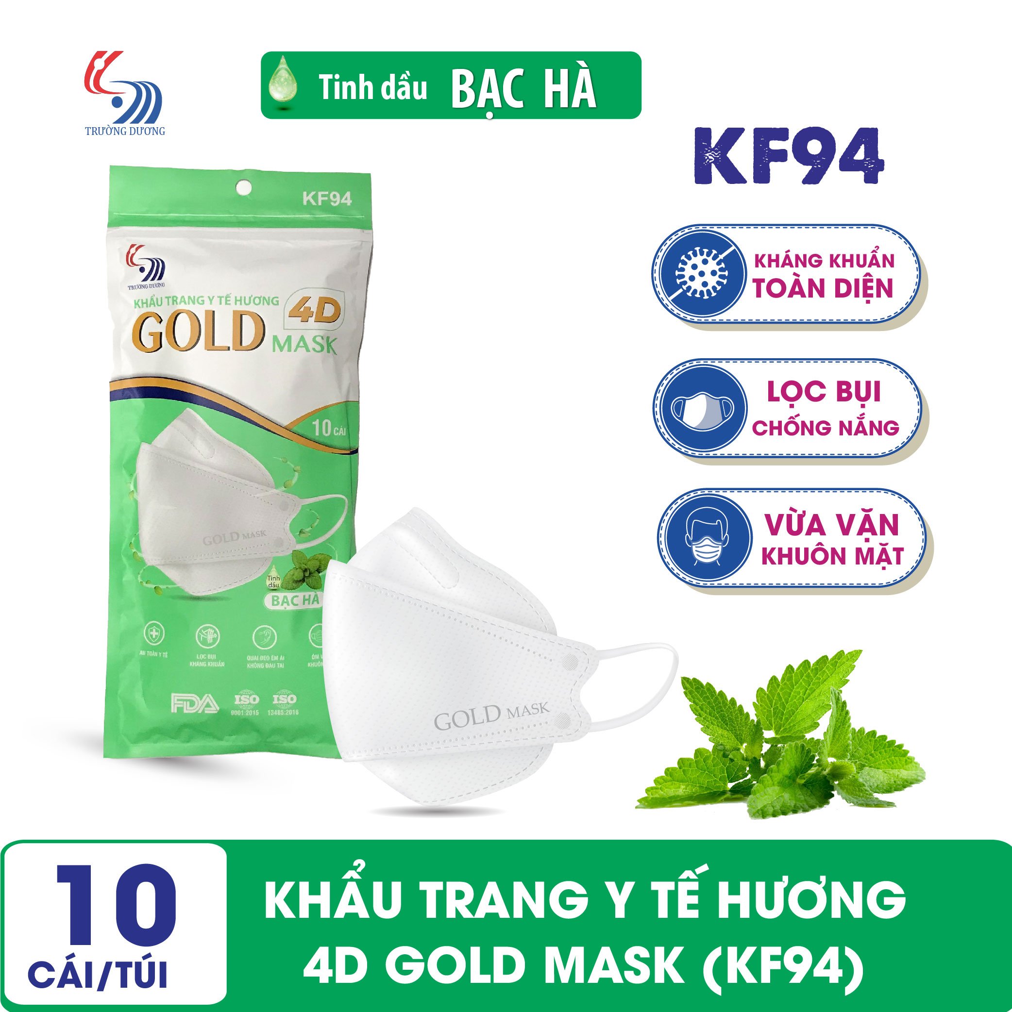 Khẩu trang y tế Hương tinh dầu Bạc Hà 4D Gold Mask (KF94) - Túi 10 chiếc