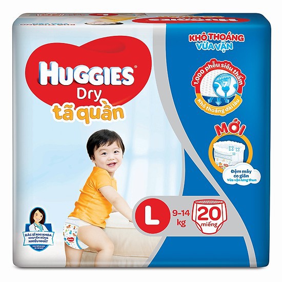 Tã quần Huggies Dry size L ( 20 miếng cho bé 9-14kg - HSD luôn mới)