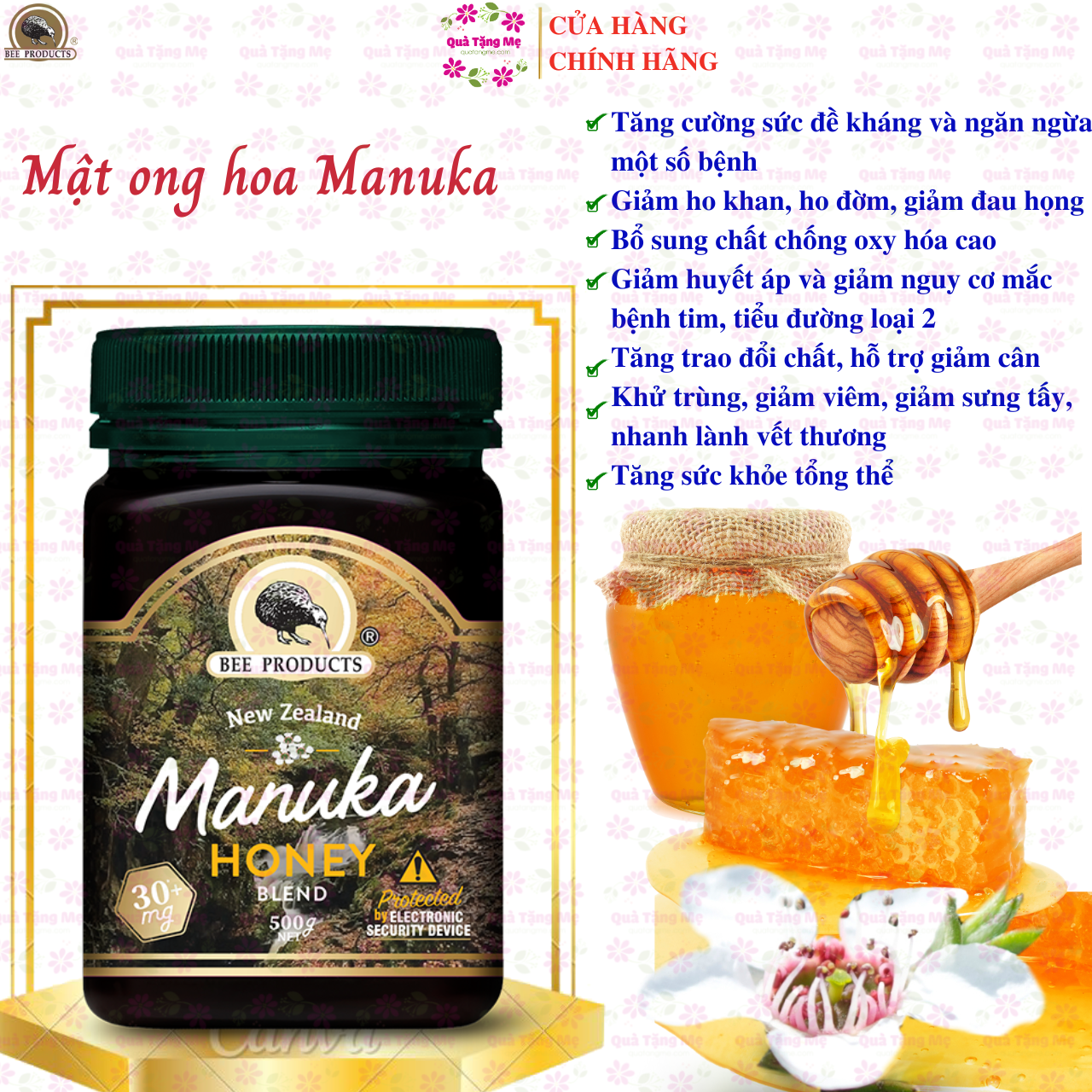 Mật ong hoa Manuka Honey Blend 30+ MG Beeproducts tăng sức đề kháng, giảm ho, viên họng, dưỡng ẩm da và môi cang bóng mịn màng - QuaTangMe Extaste