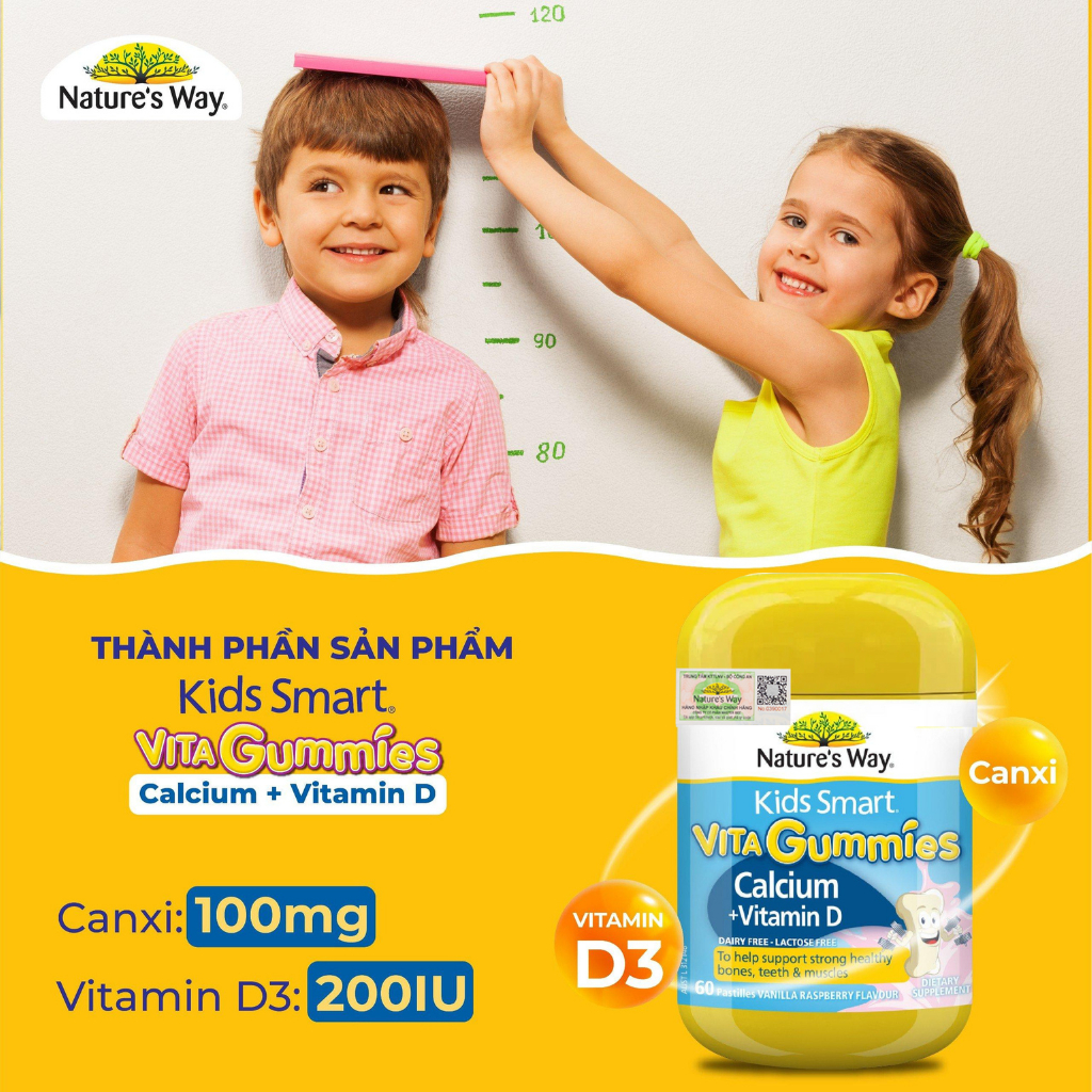 Kẹo Dẻo Bổ Sung Canxi Cho Bé Nature's Way Kids Smart Vita Gummies Calcium + Vitamin D