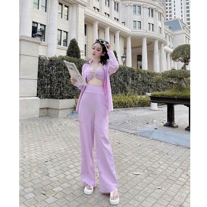 Set 3 món áo crop yếm quần dài kèm áo khoác sơ mi cá tính, năng động, trẻ trung phù hợp đi biển đi chơi dạo phố