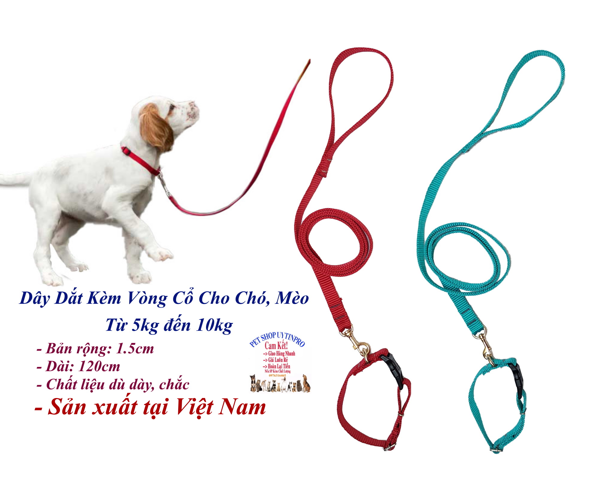 Dây dắt kèm vòng cổ cho Chó Mèo từ 5kg đến 10kg Bản rộng 1.5cm Không in hình Chất liệu dù dày, Bền, Chắc, Cao cấp