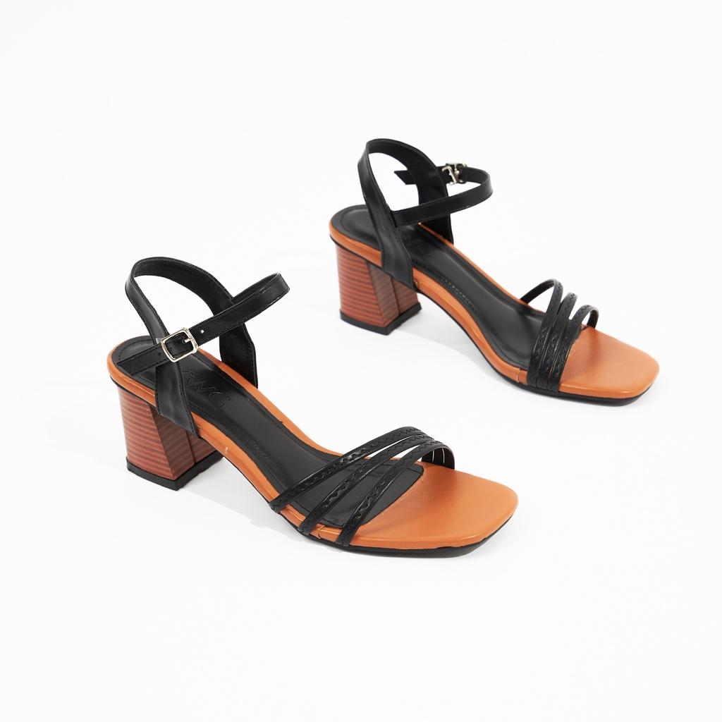 Giày Cao Gót MWC 4382 - Giày Sandal Cao Gót 5P Quai Ngang Mảnh Viền Chỉ Phối Quai Hậu Gót Vuông Vân Gỗ 5cm Thời Trang