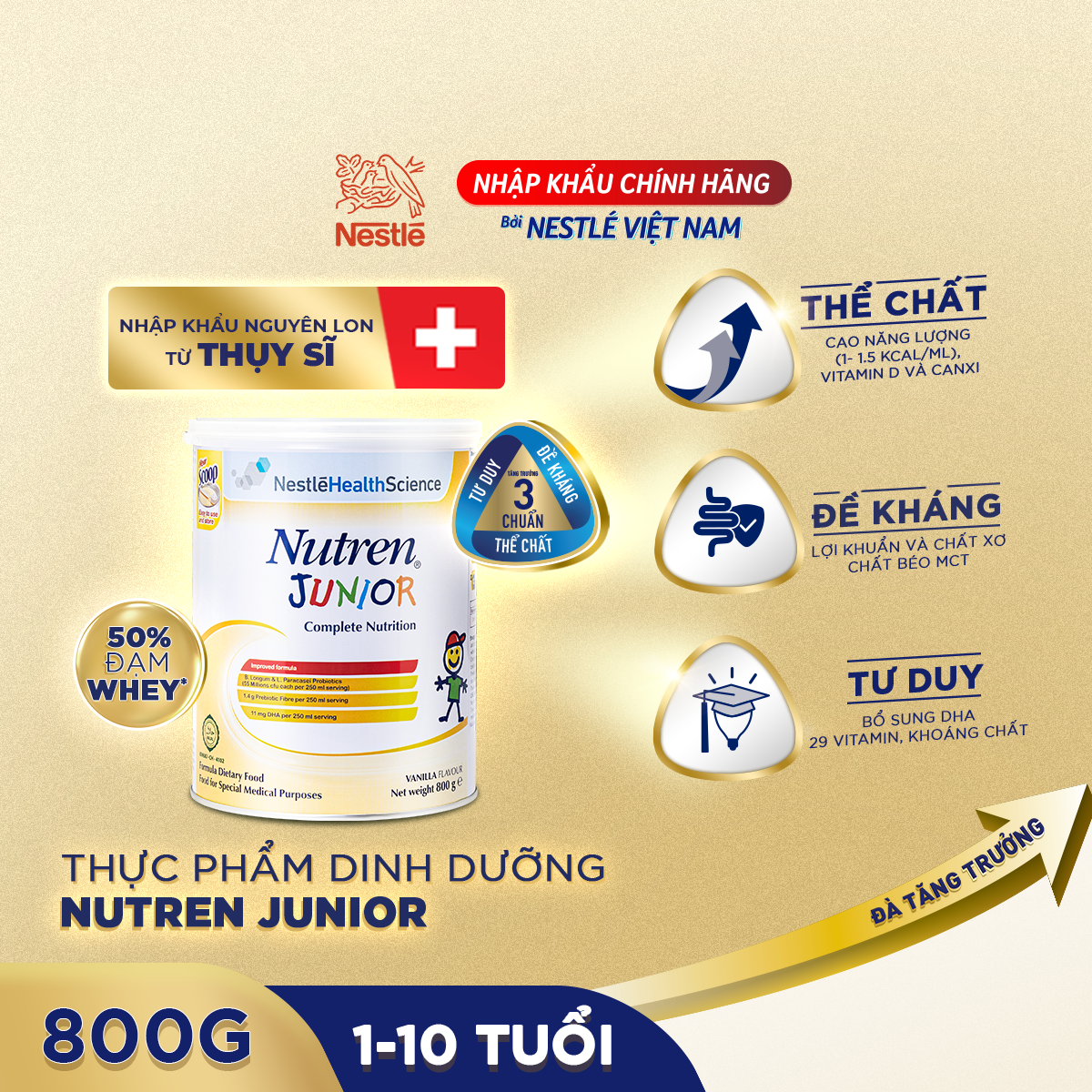 Combo 2 lon thực phẩm dinh dưỡng Nutren Junior Thụy Sĩ hỗ trợ tăng cân tiêu hóa tốt cho trẻ từ 1 đến 10 tuổi 800g/lon -  Tặng Khăn choàng tắm con voi