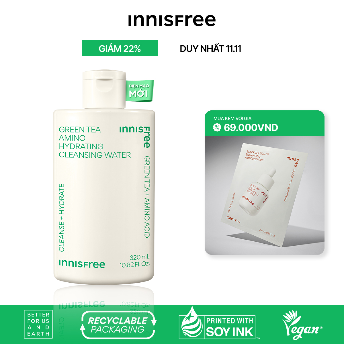 Nước tẩy trang dưỡng ẩm Innisfree Green Tea Amino Cleansing Water 320ml