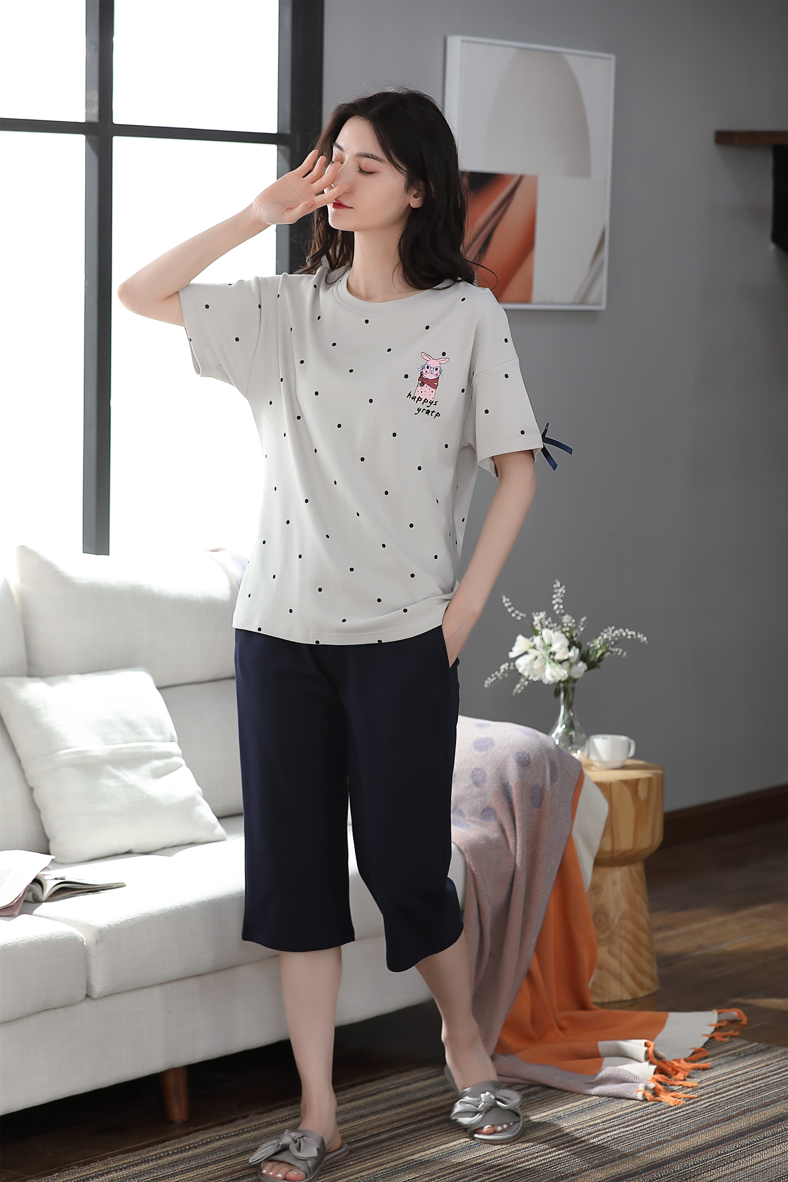 Đồ mặc nhà nữ quần lửng cotton cao cấp 5577