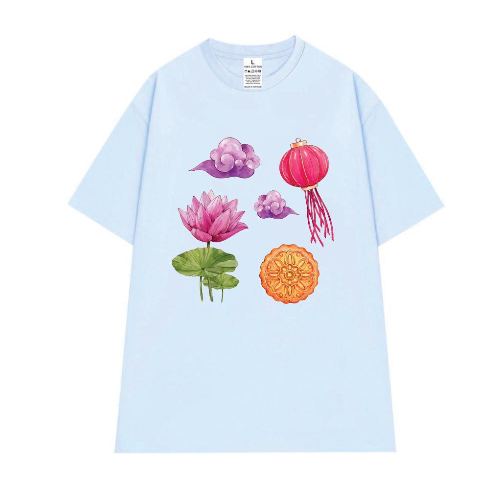 Cao cấp - Áo thun oversize hình lồng đèn hoa sen bánh trung thu áng mây Mid Autumn shirt áo thun uni