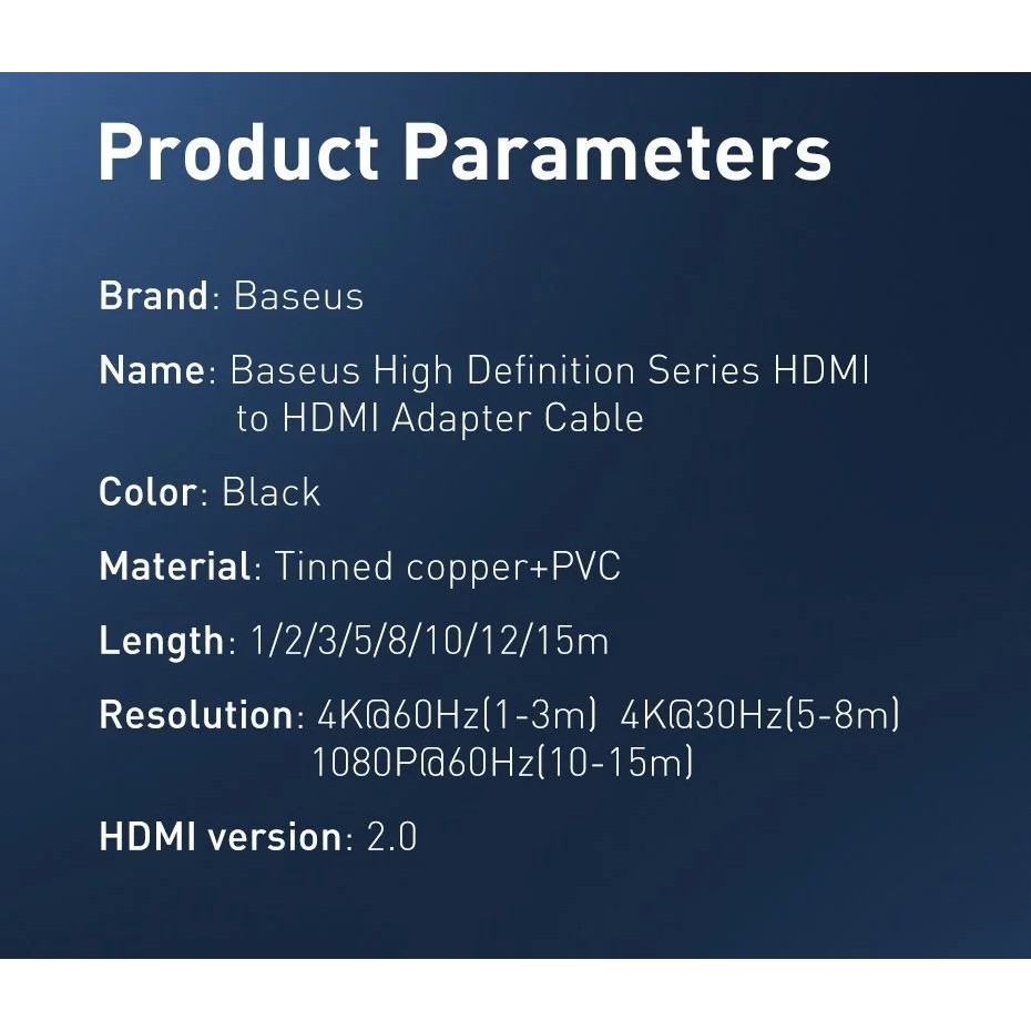 [HDMI2.0 sang HDMI2.0] Cáp 2 đầu HDMI 4K nhựa PVC chắc chắn Baseus High Definition Series  _ Hàng chính hãng