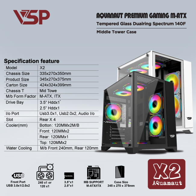 Vỏ máy tính Case VSP X2 Aquanaut [ĐEN] không Fan Kính cường lực 2 mặt (M-ATX,I-ATX) - Hàng chính hãng Tech Vision phân phối