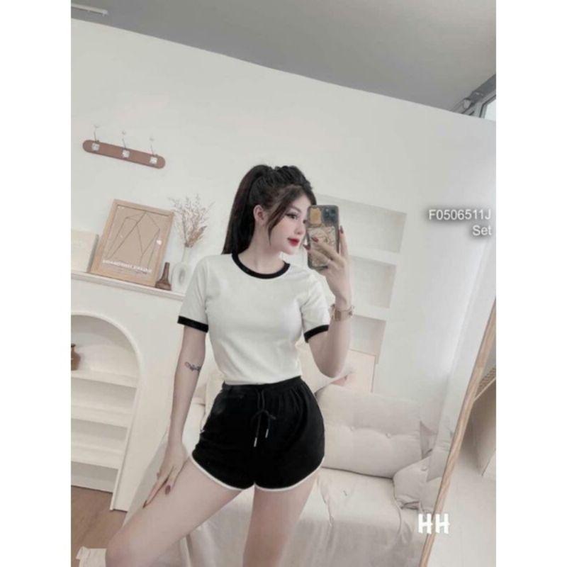 Áo thun gân tay ngắn phối bo cổ