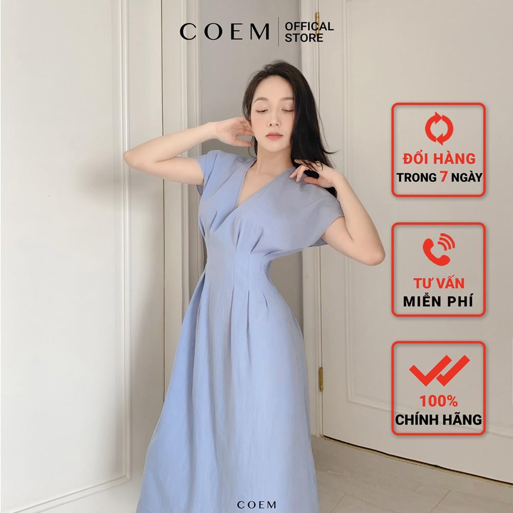 Đầm Midi Cổ Xẻ Chiết Eo Chất Liệu Linen Premium Màu Blue Pastel CO EM Thiết Kế Thanh Lịch Nữ Tính Phù Hợp Công Sở Đi Tiệ