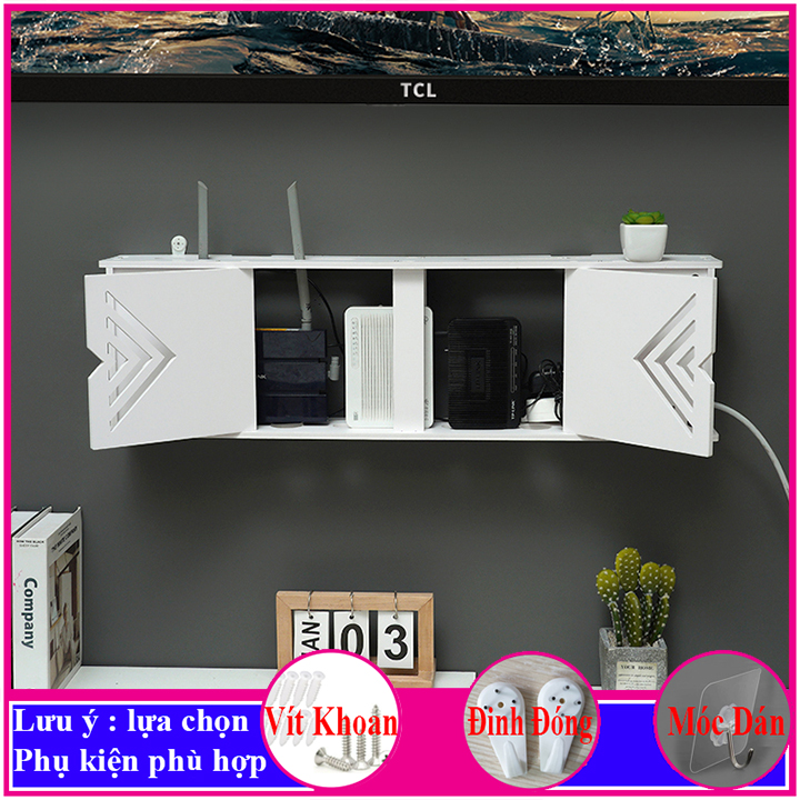Kệ treo tường trang trí không cần khoan, chất liệu gỗ nhựa cao cấp màu trắng, đặt modem wifi - a13