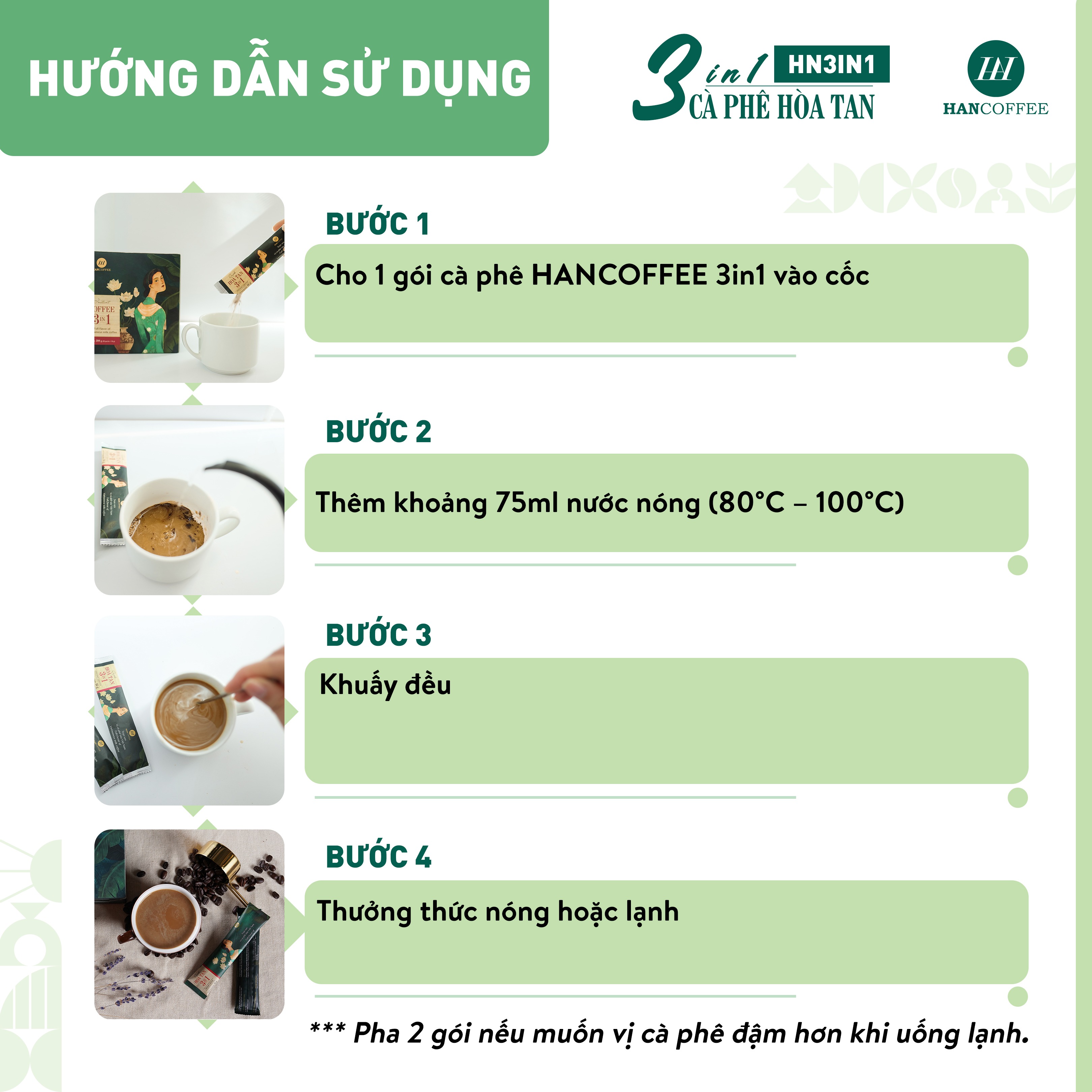 Cà Phê Sữa Hòa Tan HANCOFFEE 3 in 1 Vị Ngọt Nhẹ, Đắng Dịu Hộp 18 gói - HN3in1