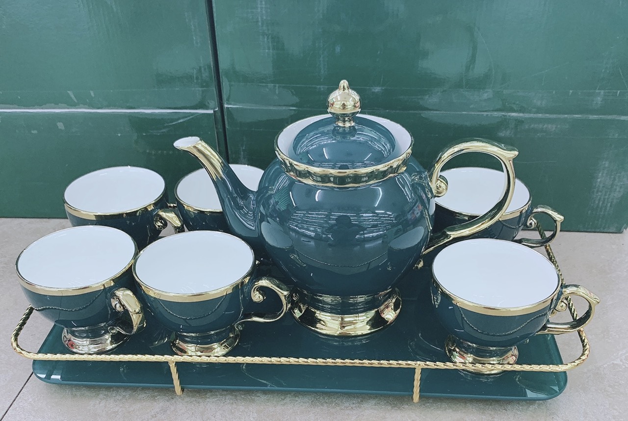 BỘ ẤM CHÉN  PHA TRÀ SỨ TEA SET KÈM KHAY MÀU XANH CỔ VỊT KHUNG KIM LOẠI MẠ VÀNG PHONG CÁCH ÂU SANG TRỌNG - ANTH434