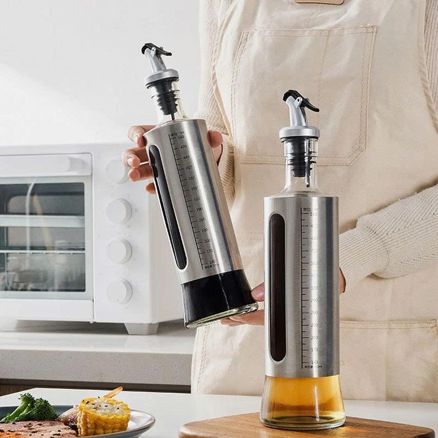 Chai Đựng Dầu Ăn  , Nước Mắm 200 ML Thủy Tinh Bọc Inox Cao Cấp – Bình Rót Gia Vị Tiện Lợi