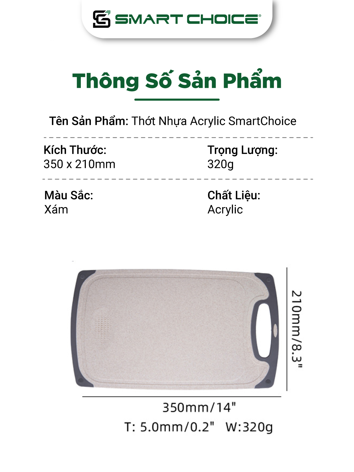 Thớt Nhựa Acrylic SmartChoice Màu Xám Cao Cấp, Tiện Dụng Cho Nhà Bếp SCG-PK061