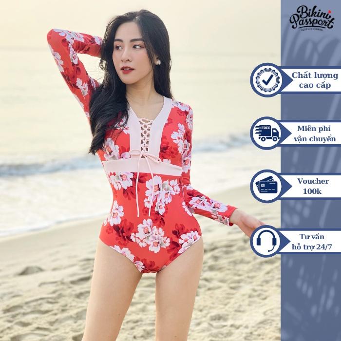 Đồ bơi nữ BIKINI PASSPORT kiểu một mảnh tay dài cổ V đan dây - Hồng - BS344_PK