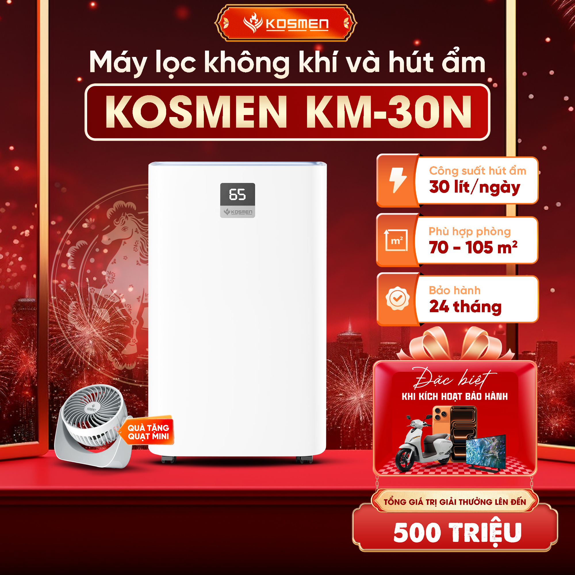 Máy Lọc Không Khí Và Hút Ẩm Kosmen KM-30N, Lọc Chuyên Sâu, Kết Nối Wifi Bằng App - Hàng Chính Hãng
