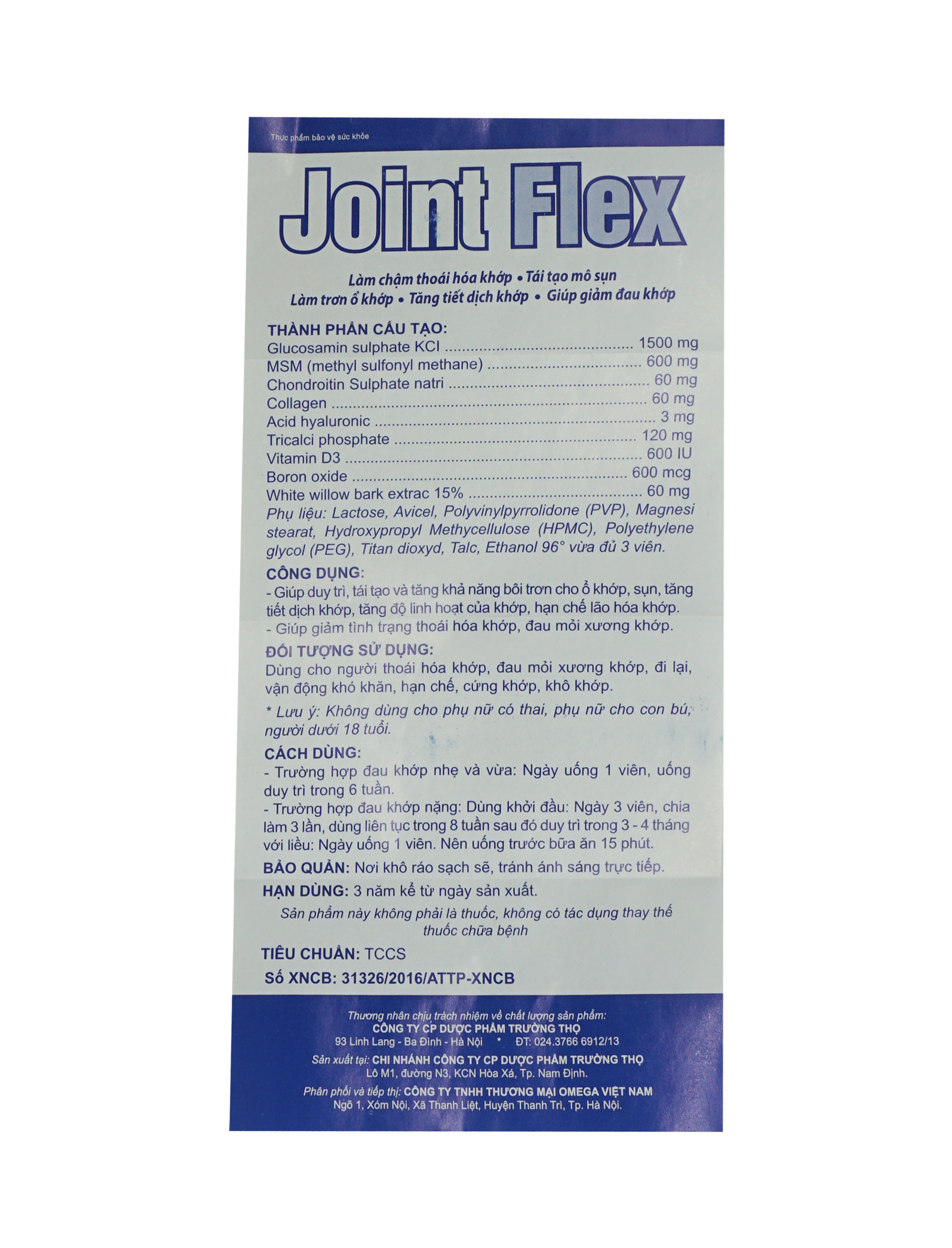 Viên uống Joint Flex Hộp 60 viên- Giúp duy trì, tái tạo và tăng khă năng bôi trơn cho ổ khớp, sụn, tăng tiết dịch khớp, tăng độ linh hoạt của khớp, hạn chế lão hóa khớp.