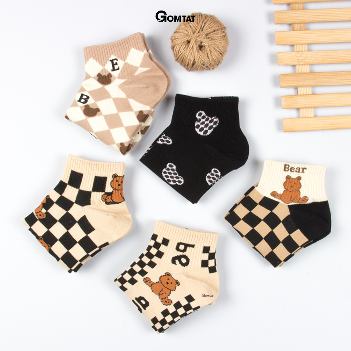 Set 5 đôi tất nữ cổ ngắn họa tiết gấu caro, vớ nữ cổ thấp chất liệu cotton mềm mịn thoáng mát - LISU36-GAUNGAN