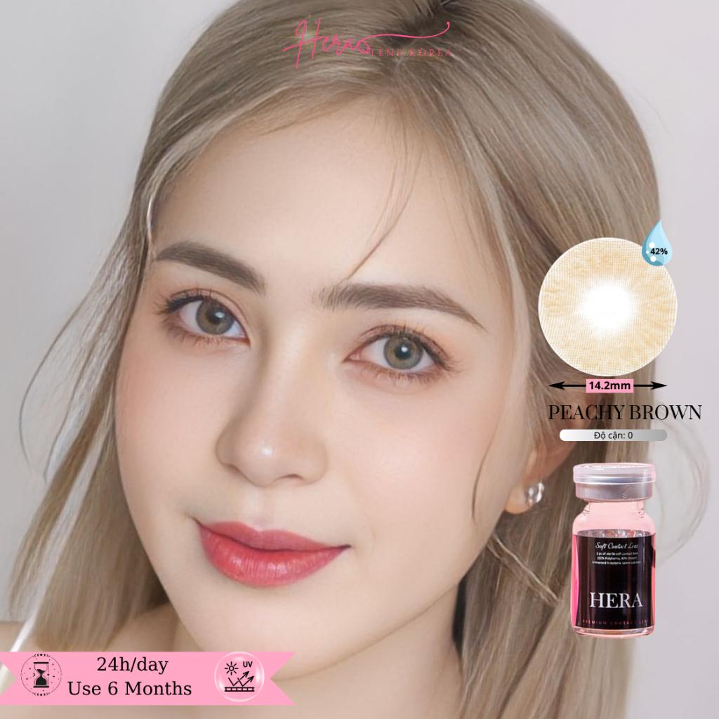 Kính Áp Tròng Hera Nâu Hồng Đào 0 - 6 Độ PEACHY BROWN Nhập Khẩu Hàn Quốc Lens Cận 6 Tháng