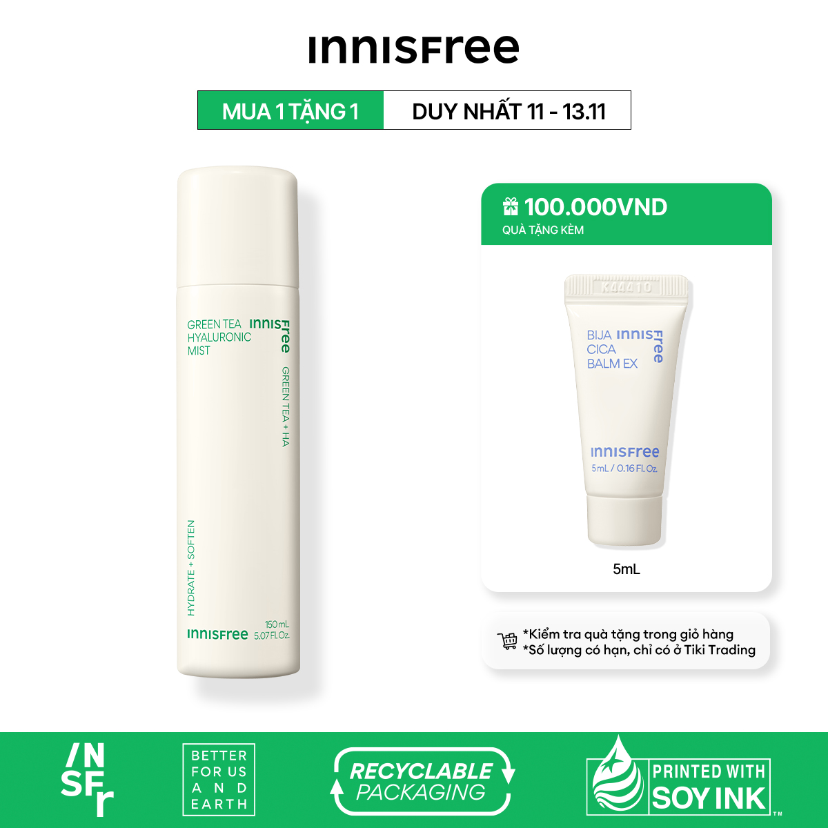 Xịt khoáng dưỡng ẩm trà xanh innisfree Green Tea Mist 150ml