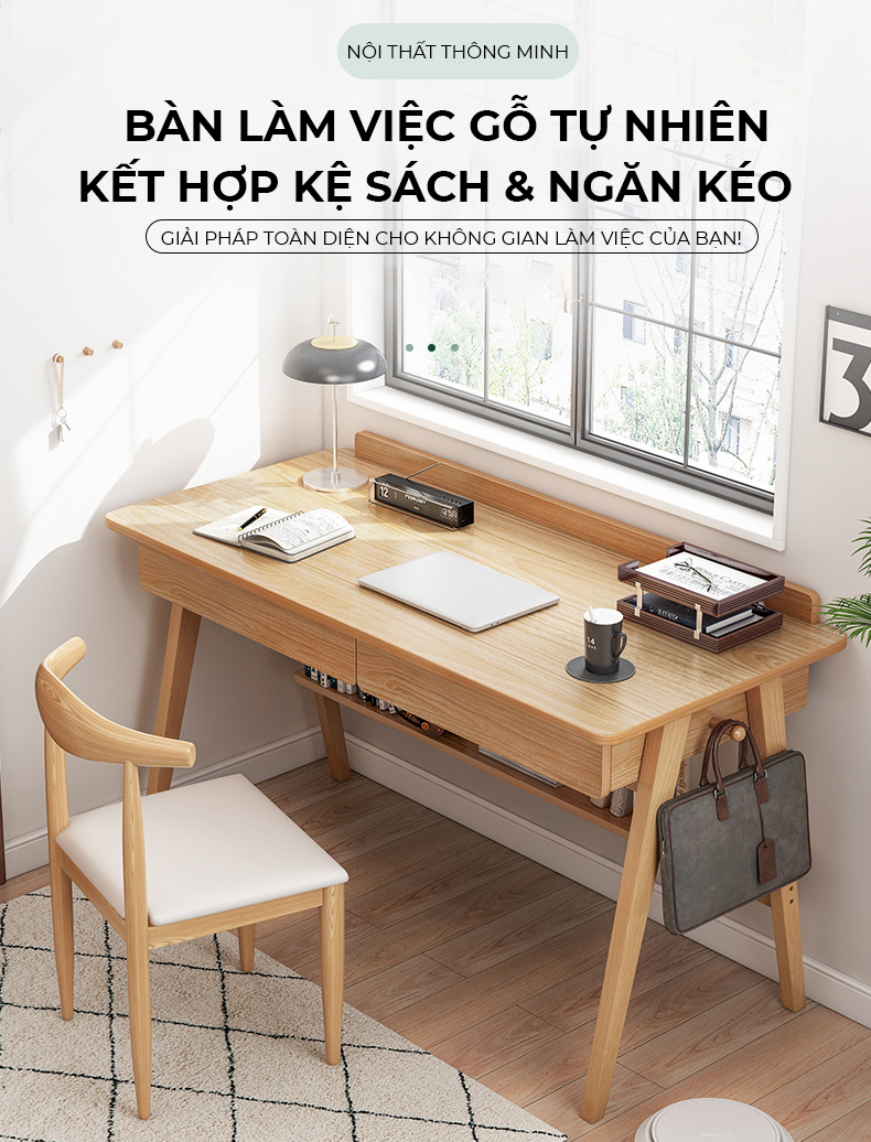 Bàn làm việc, bàn học thiết kế đa năng kèm ngăn kéo và kệ để đồ chất liệu gỗ MDF thương hiệu IGA - GP376