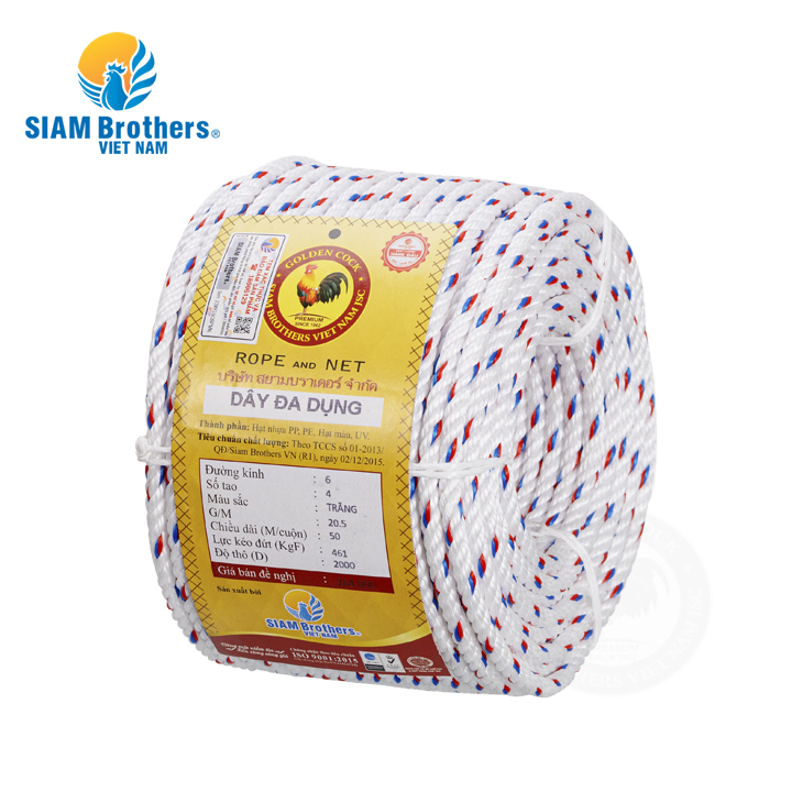 Dây thừng PP đa dụng siêu bền Siam Brothers - 4 tao/6mm - 50m (bán theo cuộn)