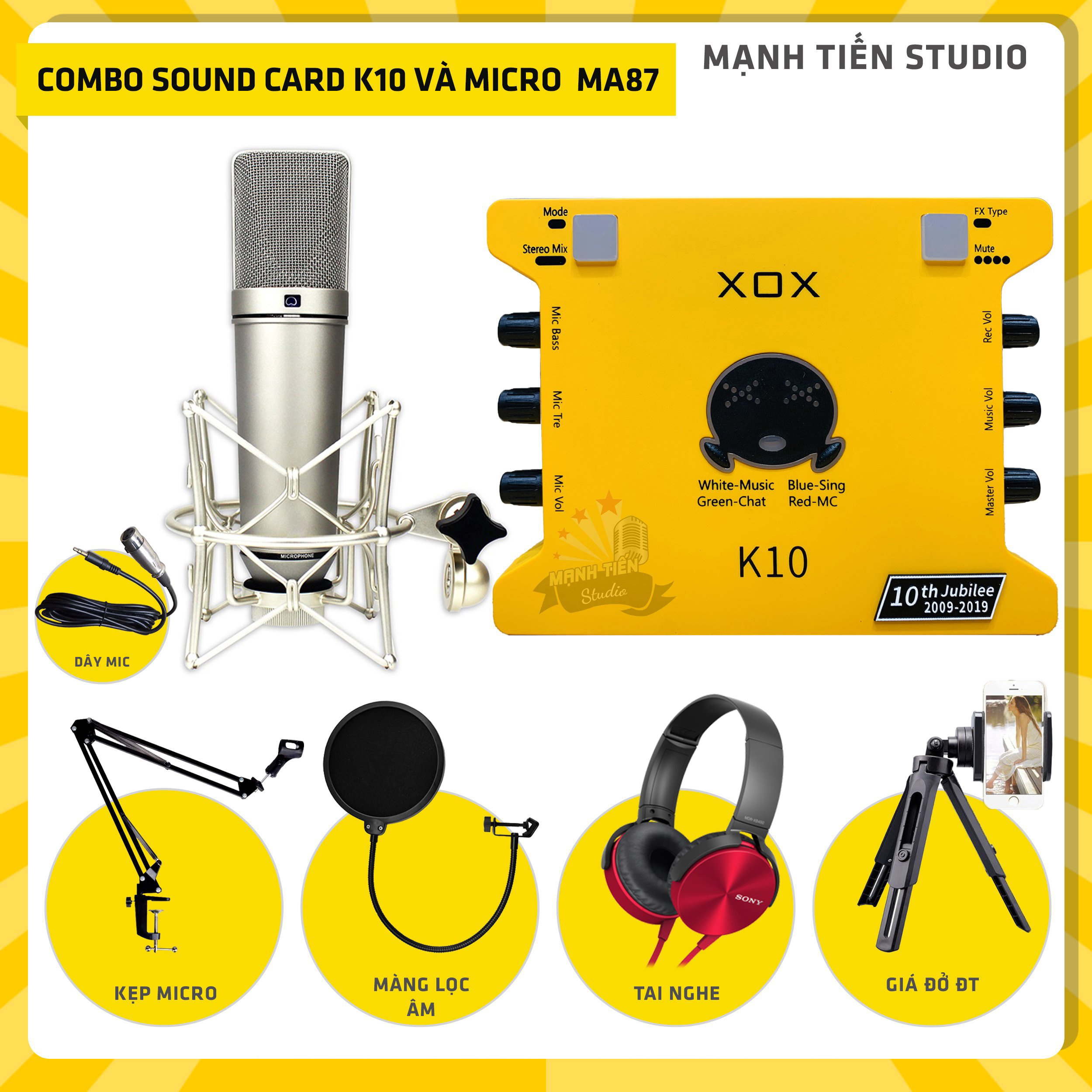 Combo thu âm, livestream Micro AQTA U87-MA, Sound card XOX K10 Jubilee - Kèm full phụ kiện kẹp micro, màng lọc, tai nghe, giá đỡ ĐT - Hỗ trợ thu âm, karaoke online chuyên nghiệp - Hàng nhập khẩu