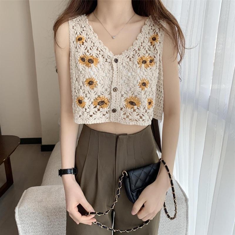 Áo 2 dây sợi móc thêu hoa dáng croptop mặc đi biển cực yêu