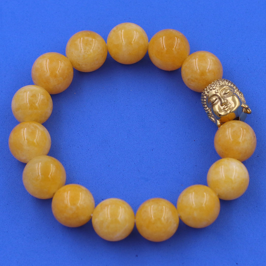 Vòng chuỗi đeo tay đá ngọc tủy vàng 12 ly charm đầu Phật Như lai inox vàng, Như lai Phật tổ, vòng chuỗi phong thủy, A DI ĐÀ