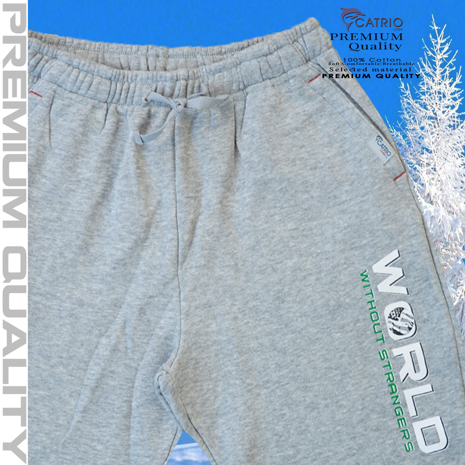Quần dài bé trai vải 100% cotton in WORLD màu XÁM NHẠT là quần nỉ trẻ em CATRIO từ 9 tuổi đến 18 tuổi phù hợp thời tiết se lạnh mùa thu đông với kiểu dáng thể thao tuyệt đẹp