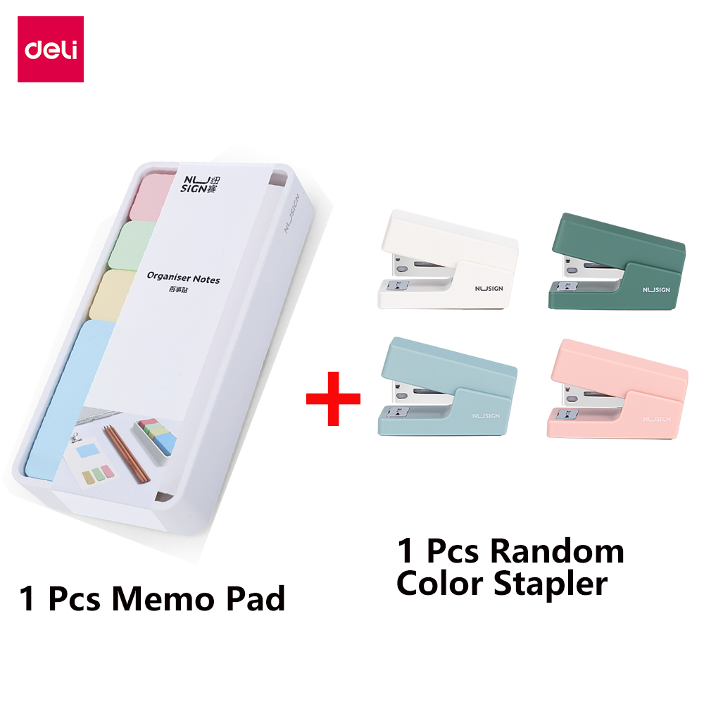 Bộ Giấy Ghi Chú + Dụng Cụ Bấm Ghim + Hộp Ghim Deli Deli Stationery Set Colorful Sticky Notes Warm Remind Memo Pad Portable Mini Stapler Office Hand-Held Labor