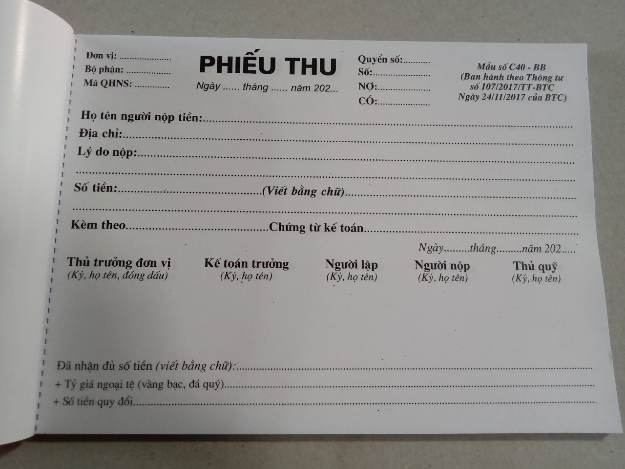 Phiếu thu 3 liên 100 tờ A5 - Combo 10 quyển