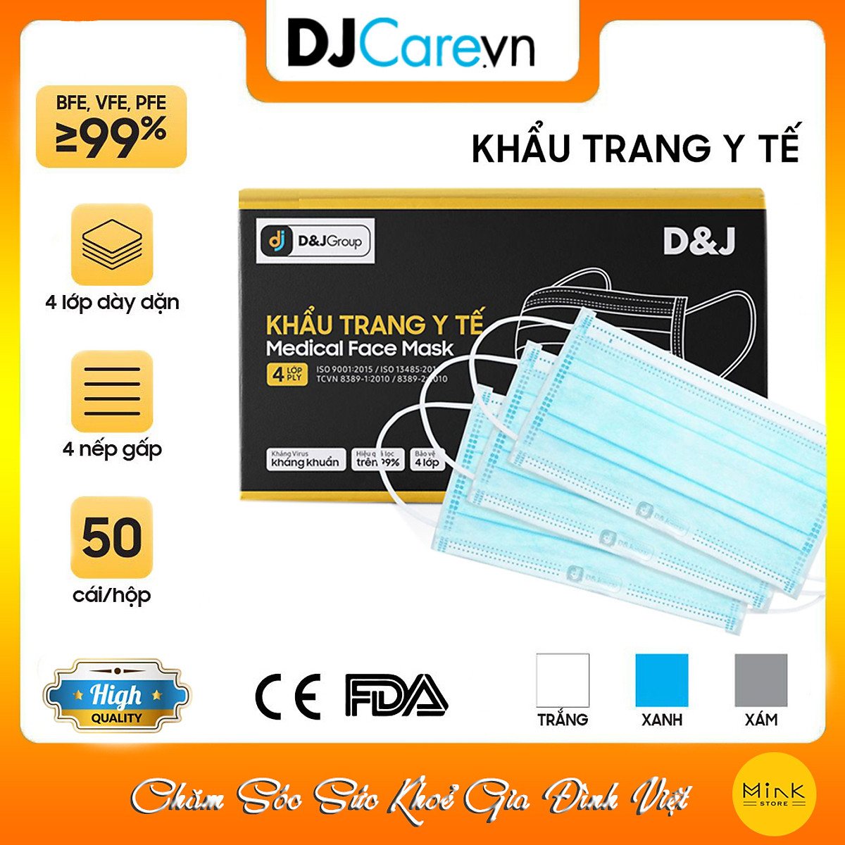 Khẩu Trang Y Tế 4 Lớp Kháng Khuẩn D&J/Tiêu Chuẩn Quốc Tế/Hộp 50 Cái Màu Đen