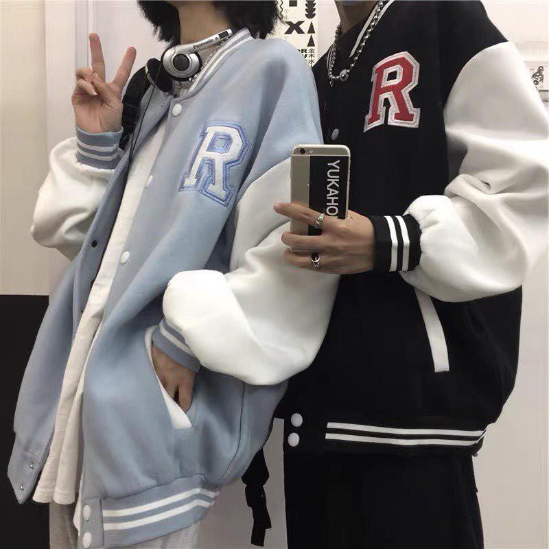 Áo bomber bóng chày nữ chữ R áo khoác nỉ bông đen xanh chữ thêu bo chun dệt thời trang nam nữ