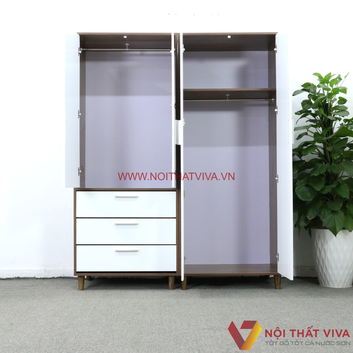 Tủ Quần Áo Lắp Ráp 4 Cánh Gỗ MDF Màu Óc Chó Phối Trắng Đẹp Hiện Đại