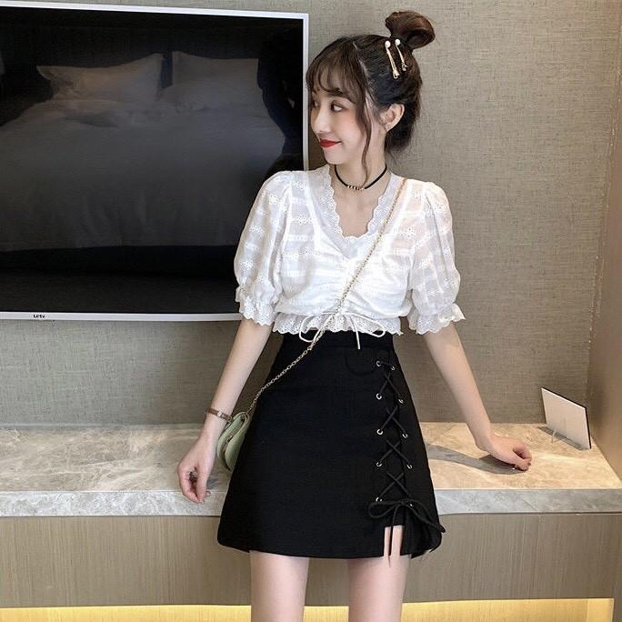 Chân váy chữ A ngắn thiết kế dây đan chéo màu đen đủ size