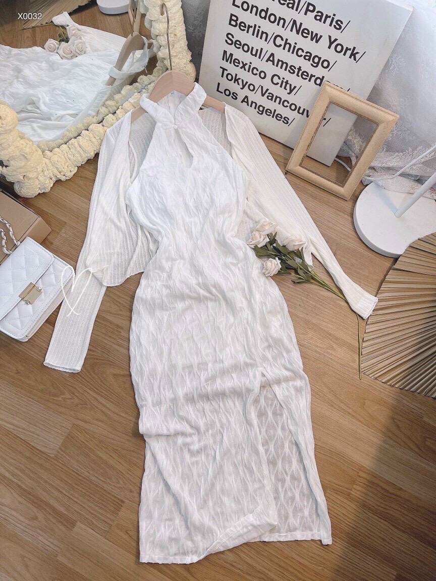 SET ĐẦM SUÔNG DÀI CỔ YẾM TÀ XẺ + ÁO KHOÁC