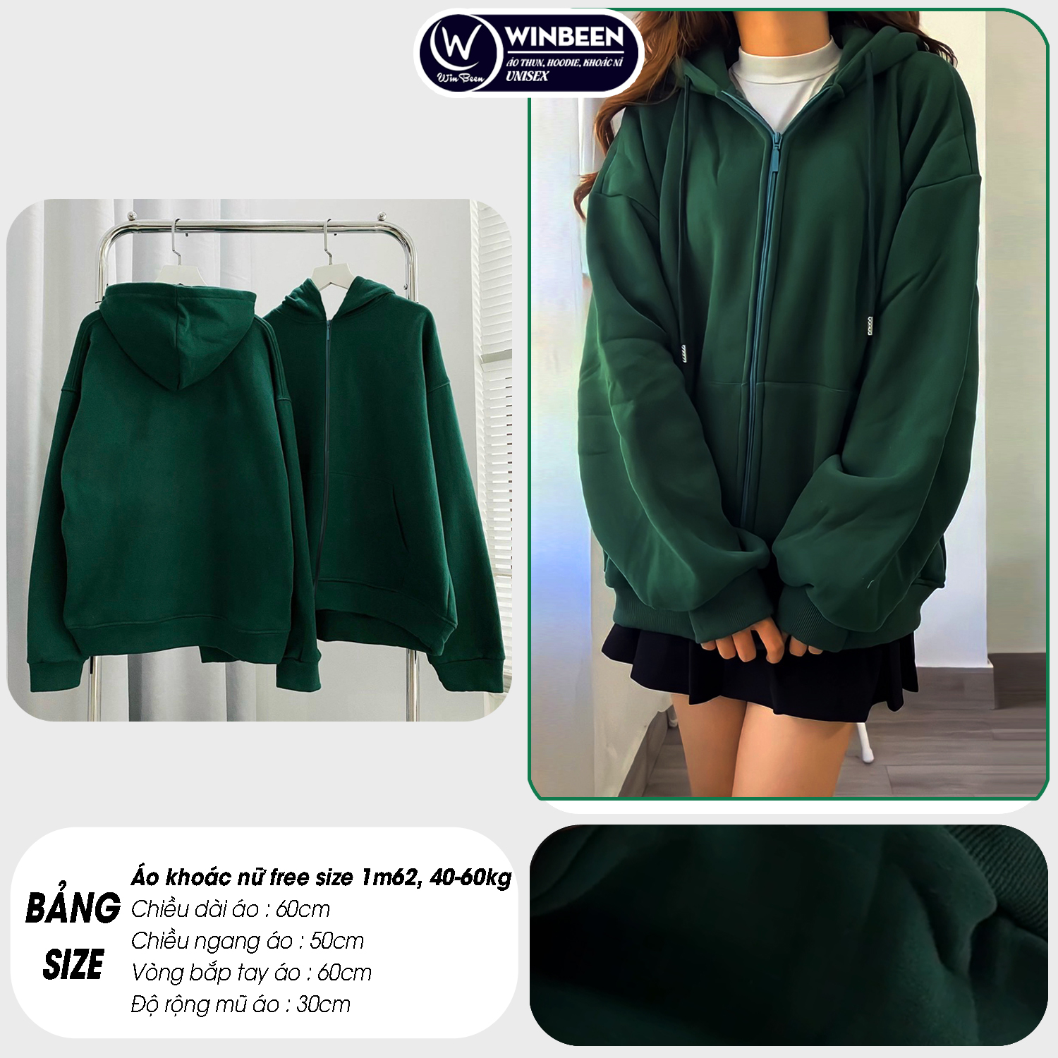 Áo KHOÁC Hoodie TRƠN 4 Màu Nam Nữ Ulzzang Unisex Oversize, Tay Phồng, Mũ 2 lớp dầy WinBeen