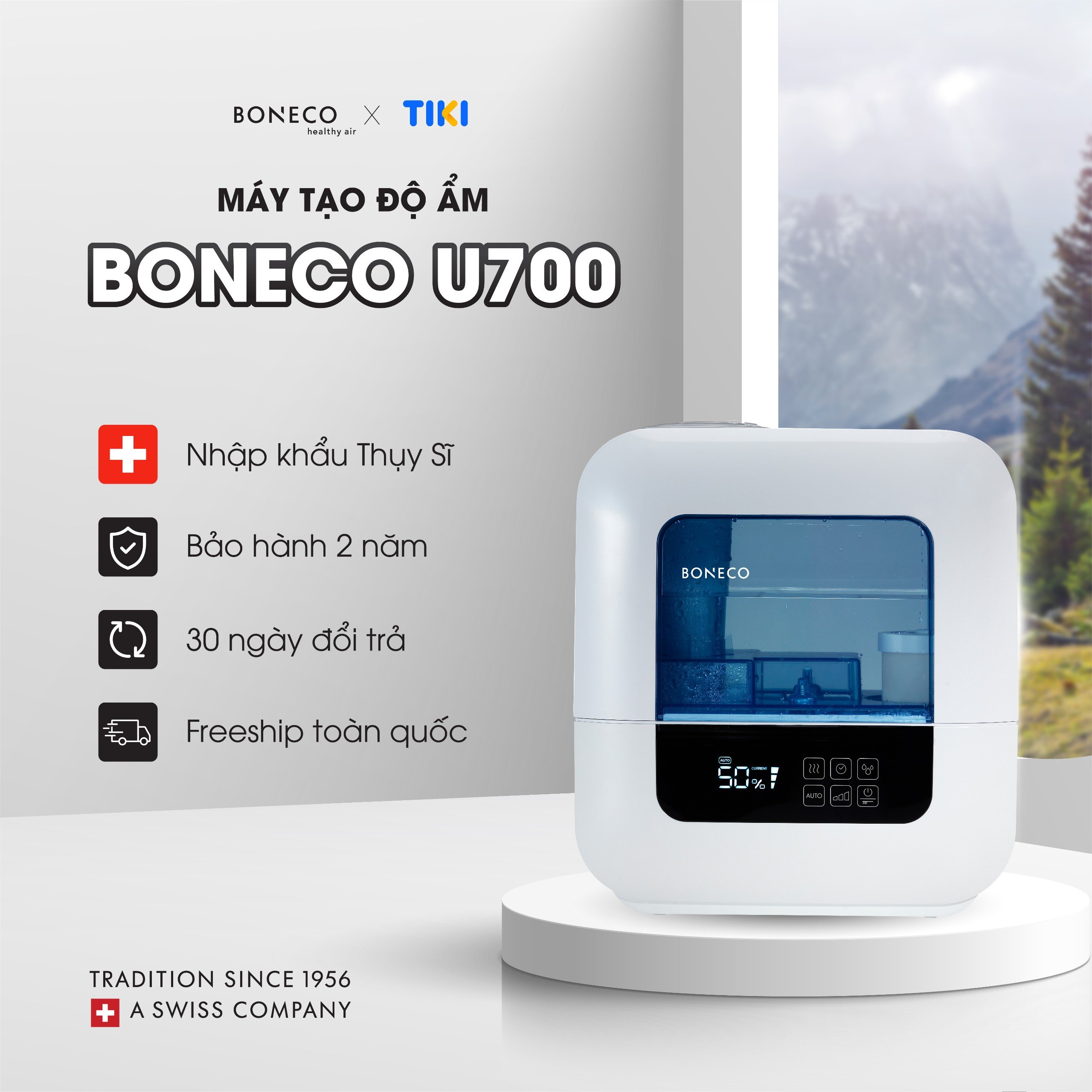 Máy Phun Sương Tạo Ẩm BONECO U700 Sương Nano, Làm Mát, Tạo Độ Ẩm Phòng Điều Hoà, Khuếch Tán Xông Tinh Dầu Thơm, Bộ Lọc Nước Kháng Khuẩn (80m2) - Hàng Chính Hãng