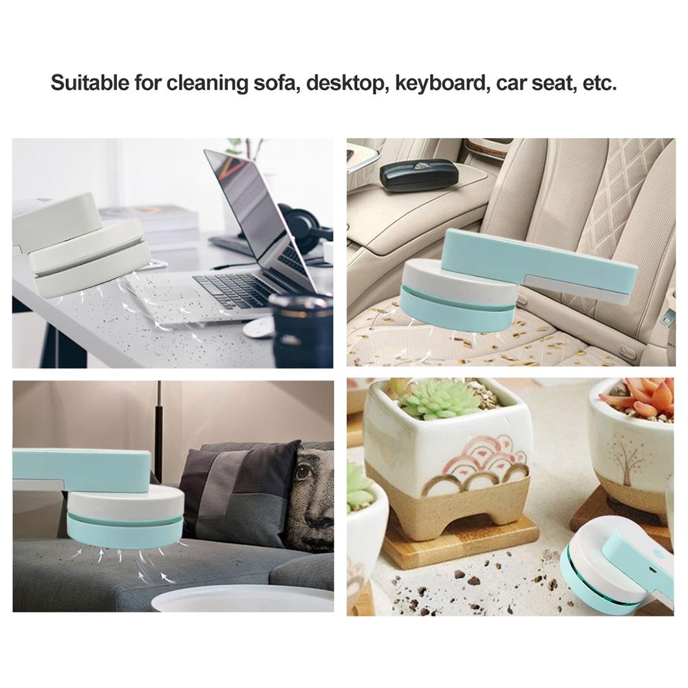 Máy làm sạch mini với sức hút mạnh mẽ, có thể loại bỏ hiệu quả tro, bụi, tóc, vụn thức ăn, cặn tẩy... Tùy chọn sạc USB, pin 1200mAh hoặc pin AA
