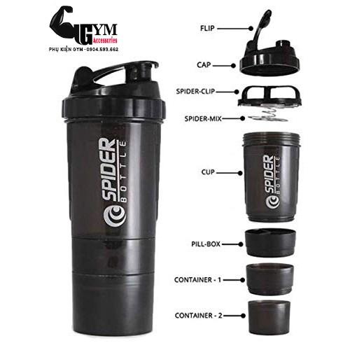 Bình lắc 3 ngăn bình nước thể thao Spider Bottle - màu Đen