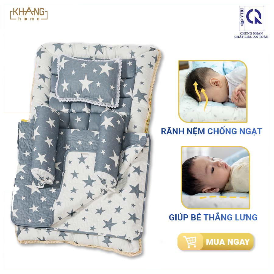 Bộ Nệm Sơ Sinh Khang Home BBS06 - 100% Cotton Thiên Nhiên - Giúp Bé Ngủ Thẳng Lưng Không Cong Vẹo Cột Sống