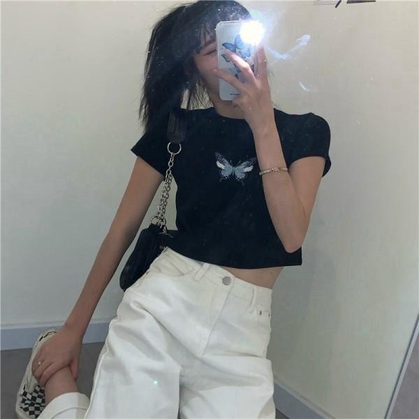 Áo Croptop tay ngắn thêu hình bướm siêu xinh