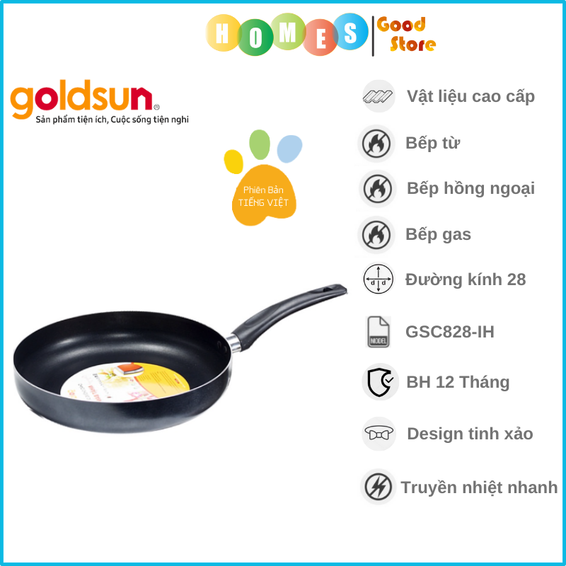 Chảo Chống Dính Đáy Từ GOLDSUN GSC828-IH, Đường Kính Đáy 28 Cm, Công Nghệ Chống Dính Nhật Bản, Không Kén Bếp - Hàng Chính Hãng