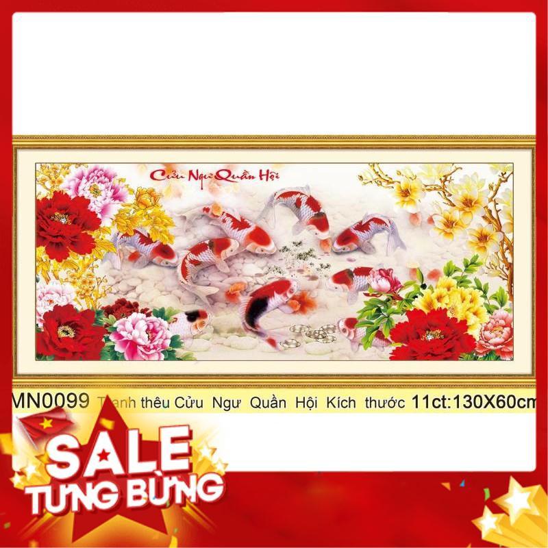 Tranh thêu chữ thập cá chép hoa mẫu đơn KT 130x60cm