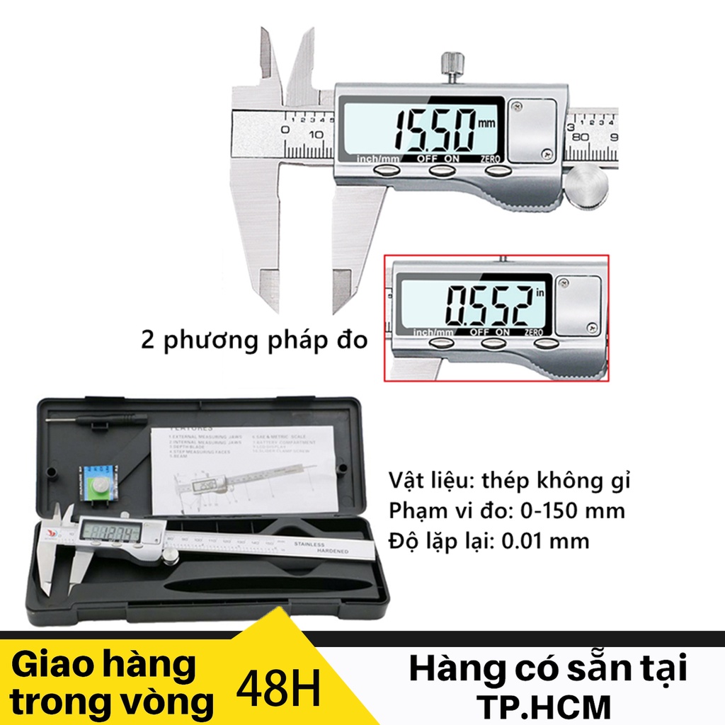 Thước Kẹp Điện Tử Dùng Đo Kỹ Thuật Cơ Khí, kích thước 150mm/Thép Không Gỉ .